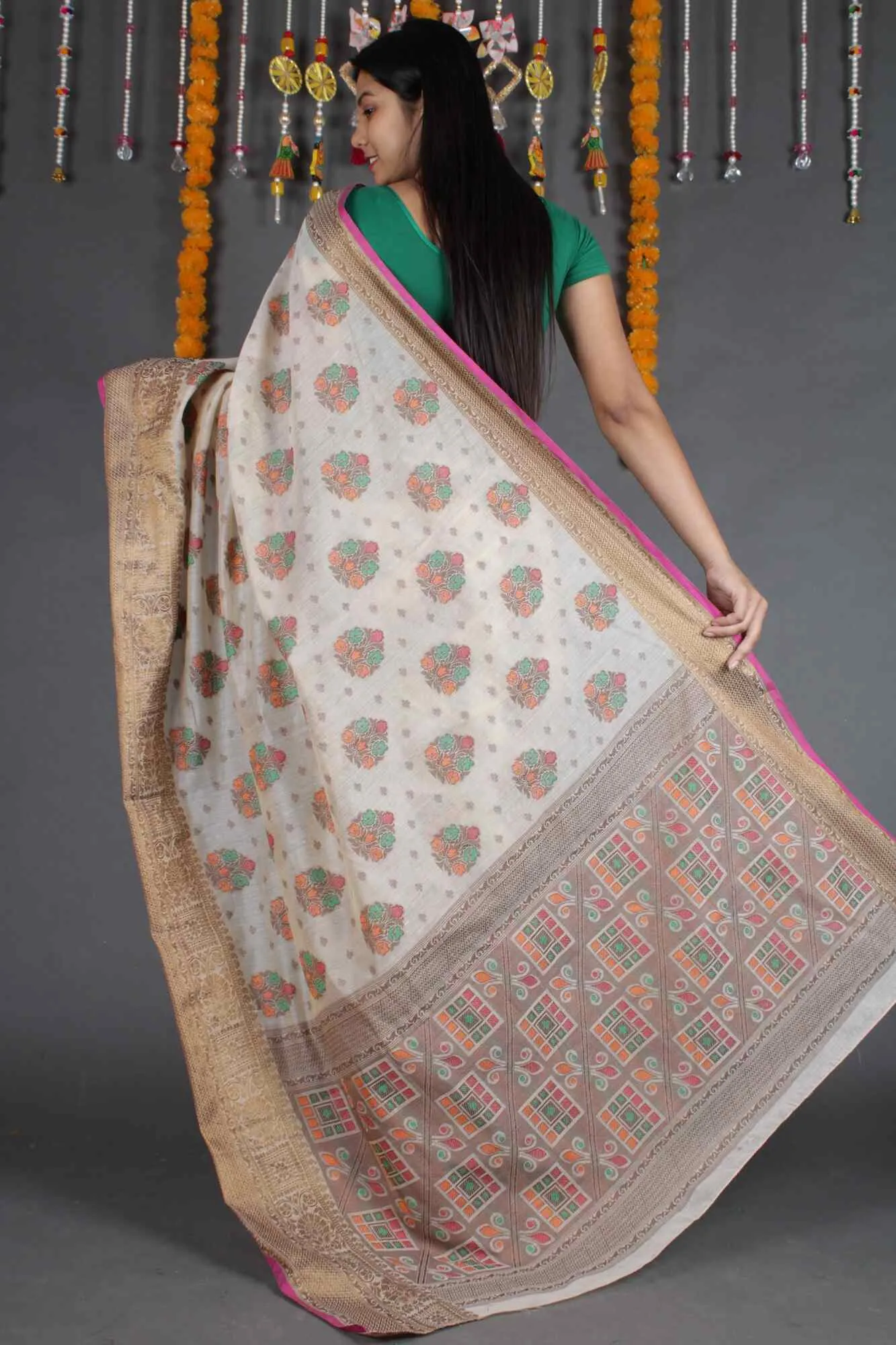 Prestitched Beige Banarasi Jaal work zari woven butis and ornate border with beautiful Pallu one minute saree