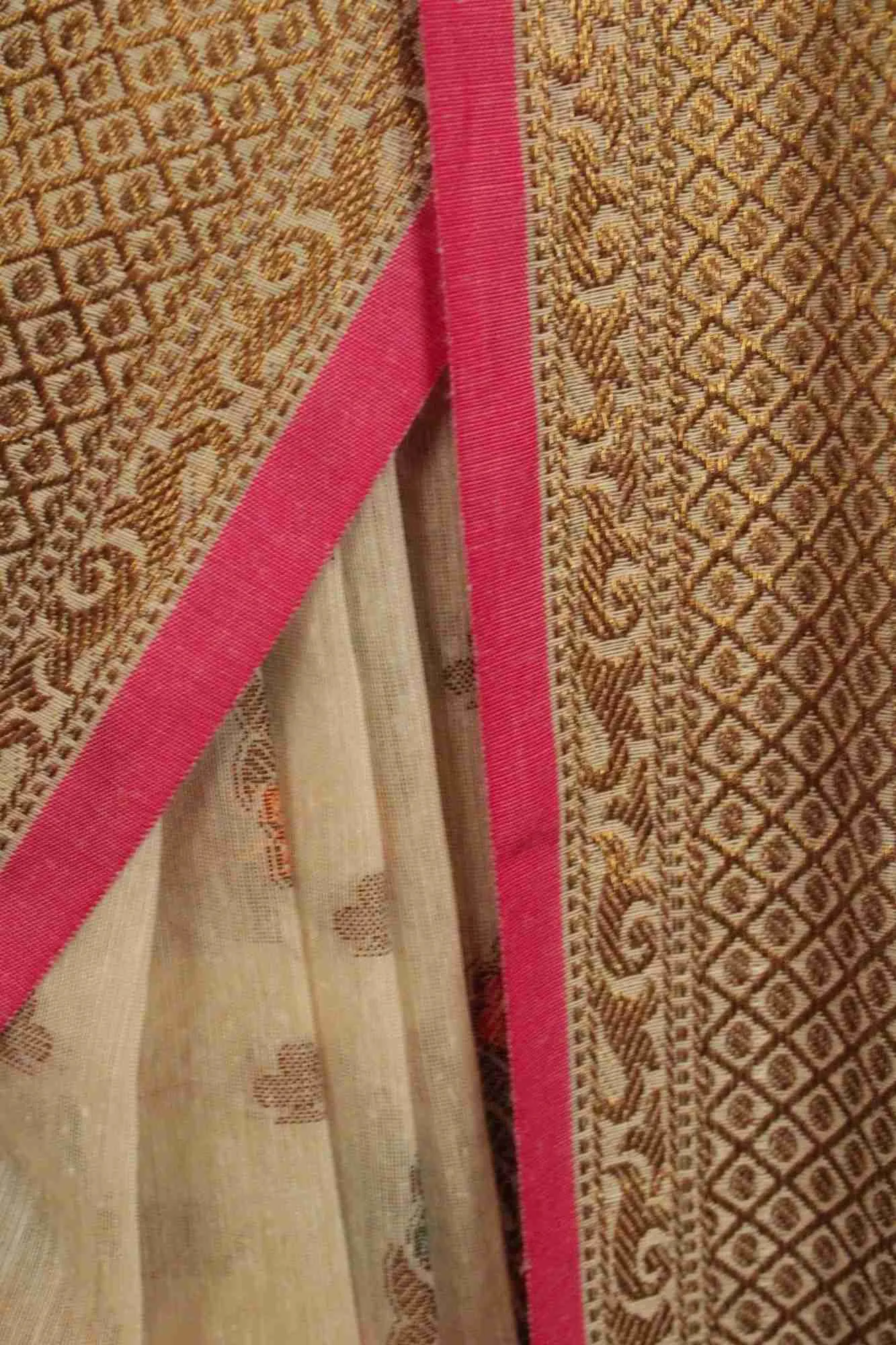 Prestitched Beige Banarasi Jaal work zari woven butis and ornate border with beautiful Pallu one minute saree