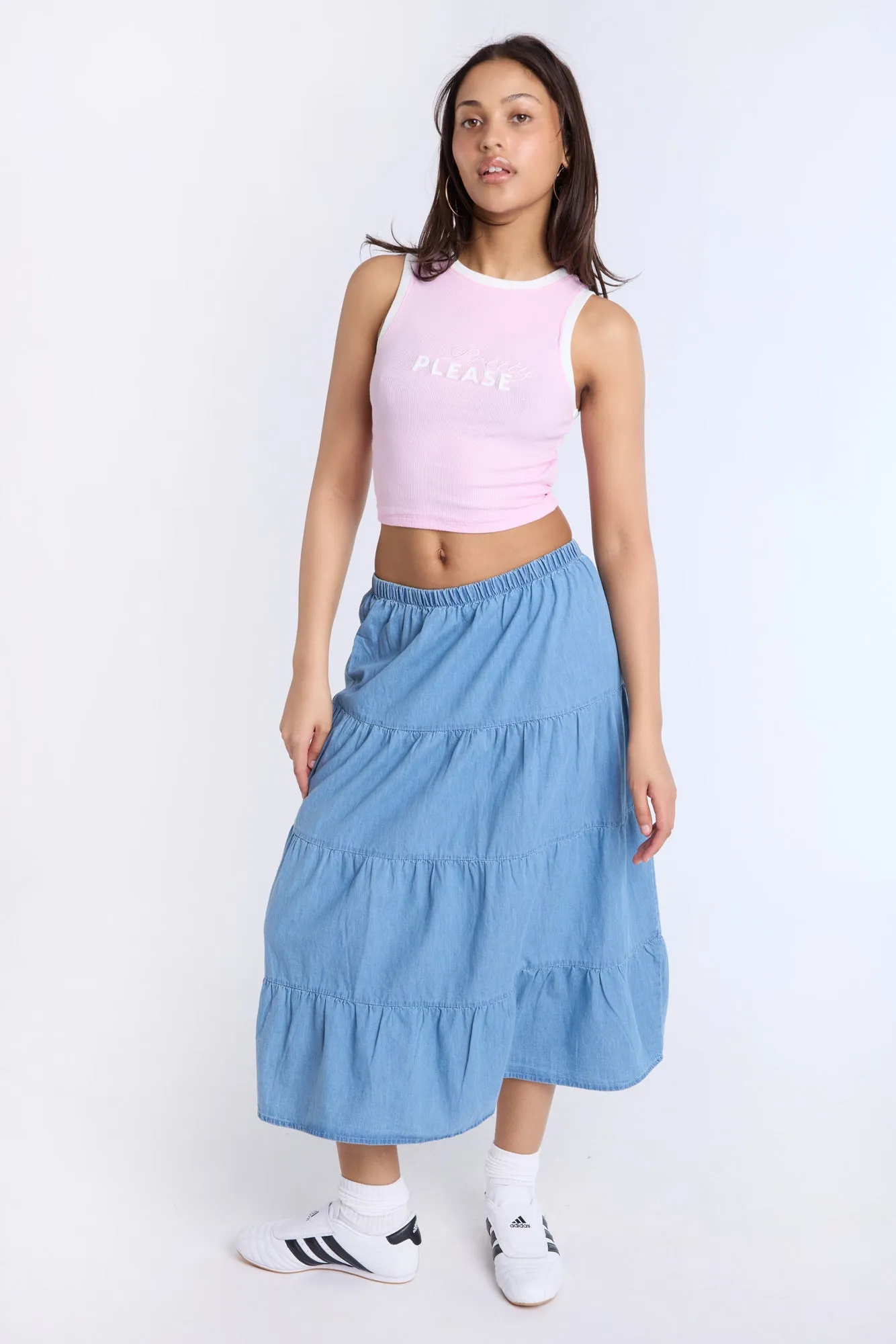 Pretty Please Embroidered Graphic High Neck Tank Top