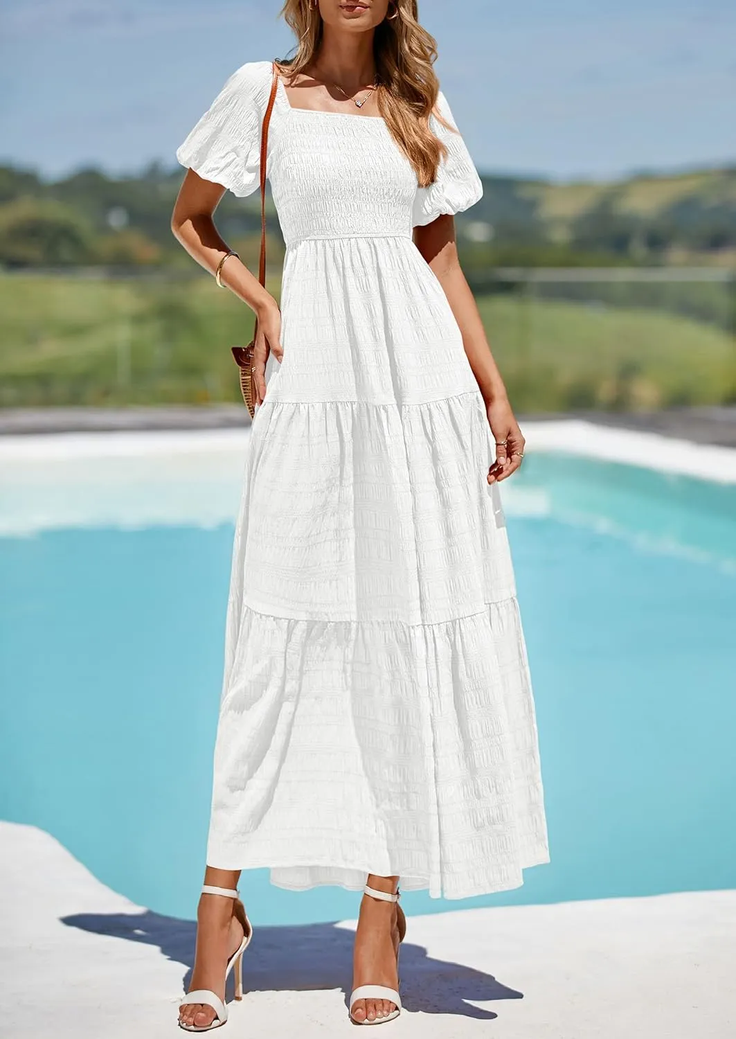PRETTYGARDEN Womens Summer Puff Short Sleeve Maxi Dress Square Neck Smocked Tiered Ruffle A Line Long Flowy Beach Dresses