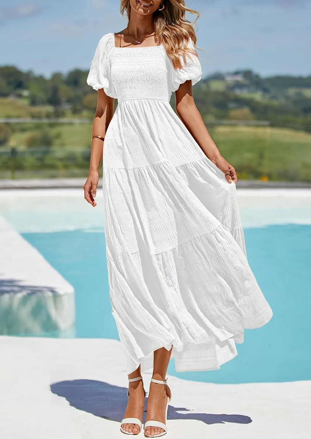 PRETTYGARDEN Womens Summer Puff Short Sleeve Maxi Dress Square Neck Smocked Tiered Ruffle A Line Long Flowy Beach Dresses