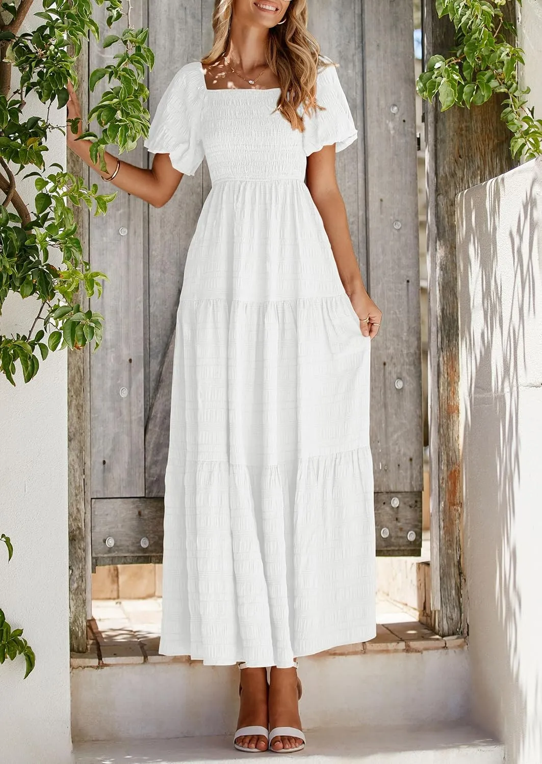PRETTYGARDEN Womens Summer Puff Short Sleeve Maxi Dress Square Neck Smocked Tiered Ruffle A Line Long Flowy Beach Dresses