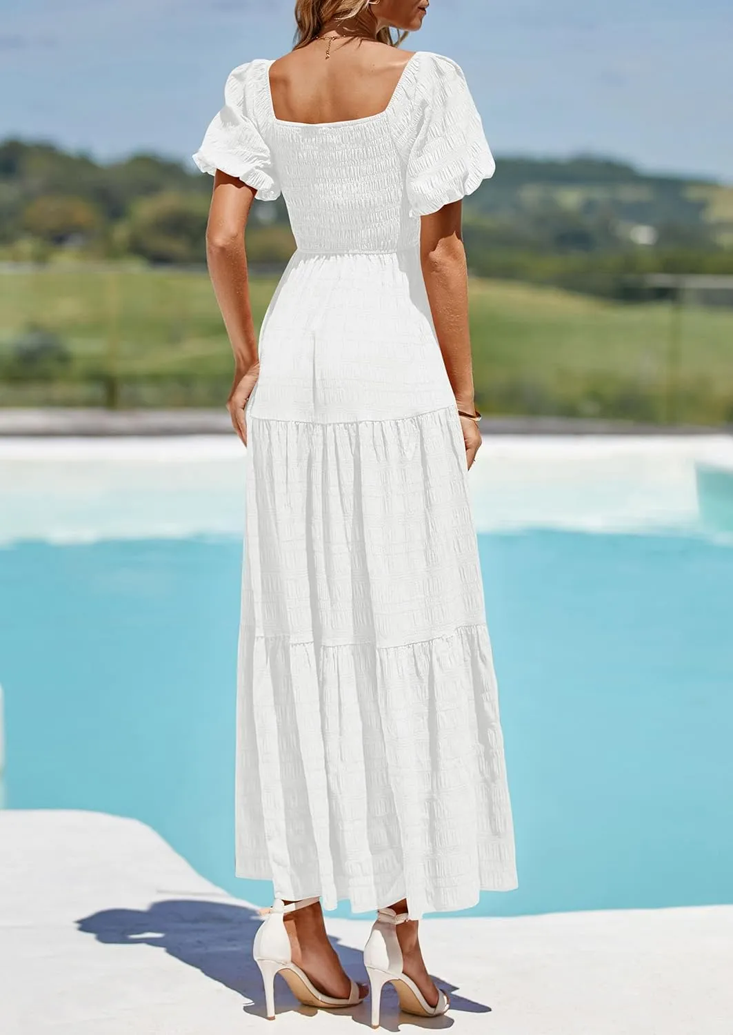 PRETTYGARDEN Womens Summer Puff Short Sleeve Maxi Dress Square Neck Smocked Tiered Ruffle A Line Long Flowy Beach Dresses