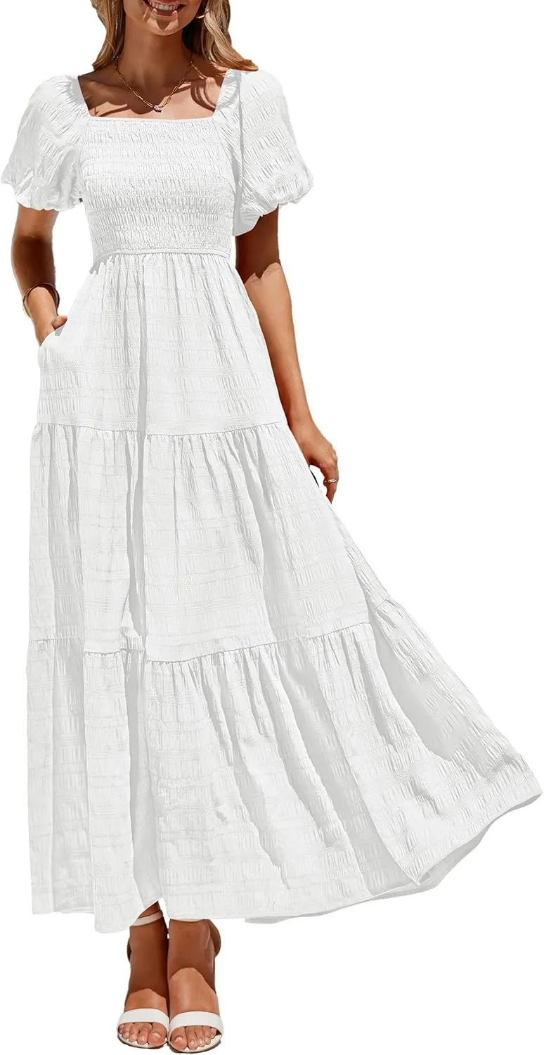 PRETTYGARDEN Womens Summer Puff Short Sleeve Maxi Dress Square Neck Smocked Tiered Ruffle A Line Long Flowy Beach Dresses