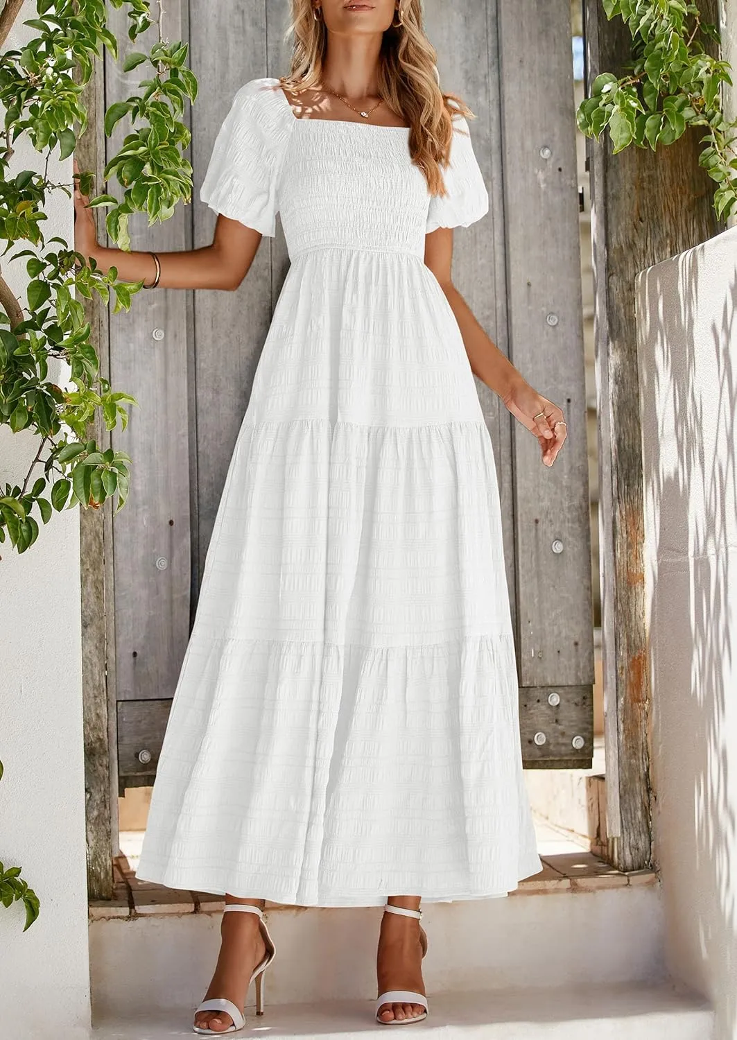 PRETTYGARDEN Womens Summer Puff Short Sleeve Maxi Dress Square Neck Smocked Tiered Ruffle A Line Long Flowy Beach Dresses
