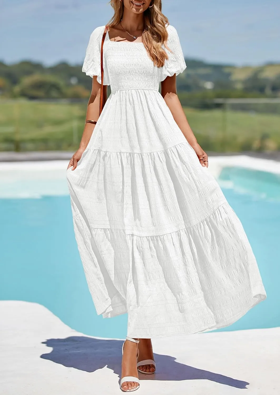 PRETTYGARDEN Womens Summer Puff Short Sleeve Maxi Dress Square Neck Smocked Tiered Ruffle A Line Long Flowy Beach Dresses