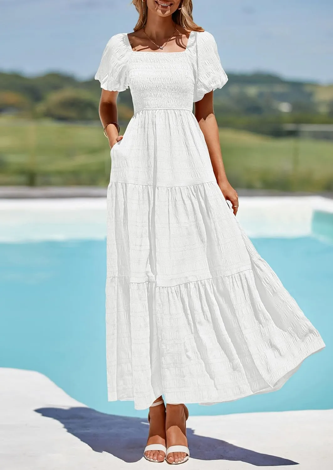 PRETTYGARDEN Womens Summer Puff Short Sleeve Maxi Dress Square Neck Smocked Tiered Ruffle A Line Long Flowy Beach Dresses