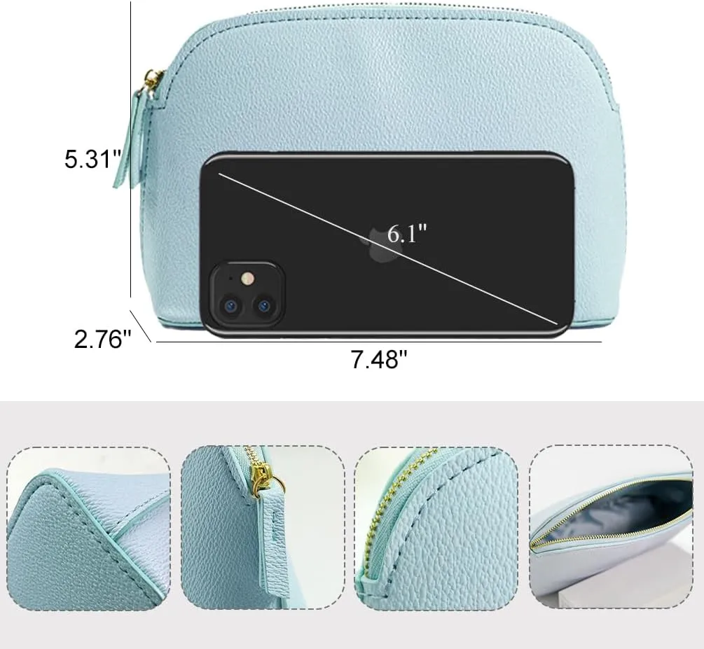 Pu Leather Cosmetic Bag, Small Makeup Bag for Purse Water-resistant Zipper Pouch for Traveling (Light Blue)