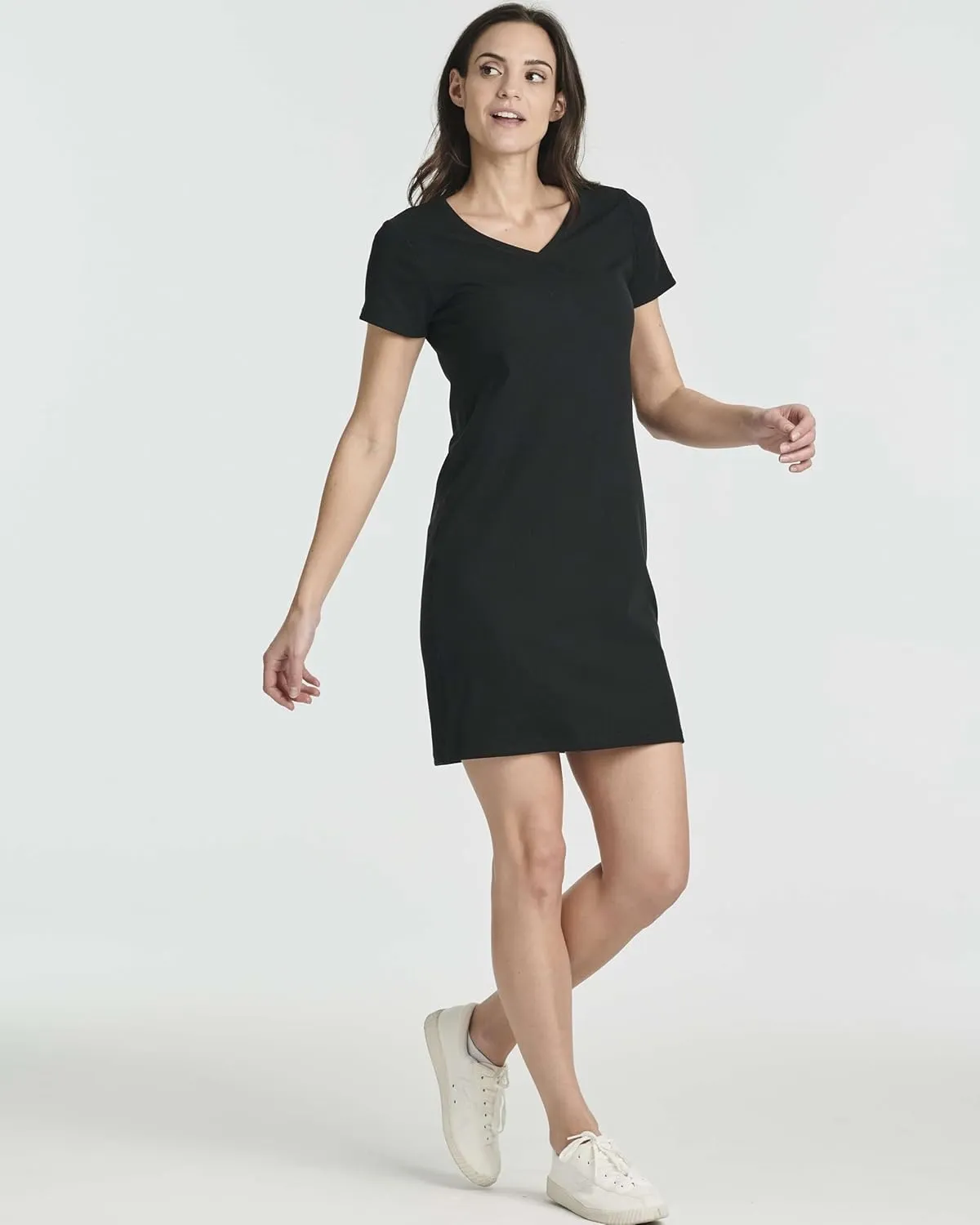 Real Essentials 3 Pack: Women's Ribbed Knit Short-Sleeve V-Neck Swing T-Shirt Casual Dress (Available in Plus)