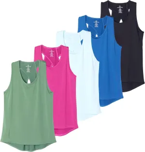 Real Essentials 5 Pack: Women's Crossback Keyhole Open Back Workout Tank Top Dry-Fit Sleeveless Yoga Gym (Available in Plus)