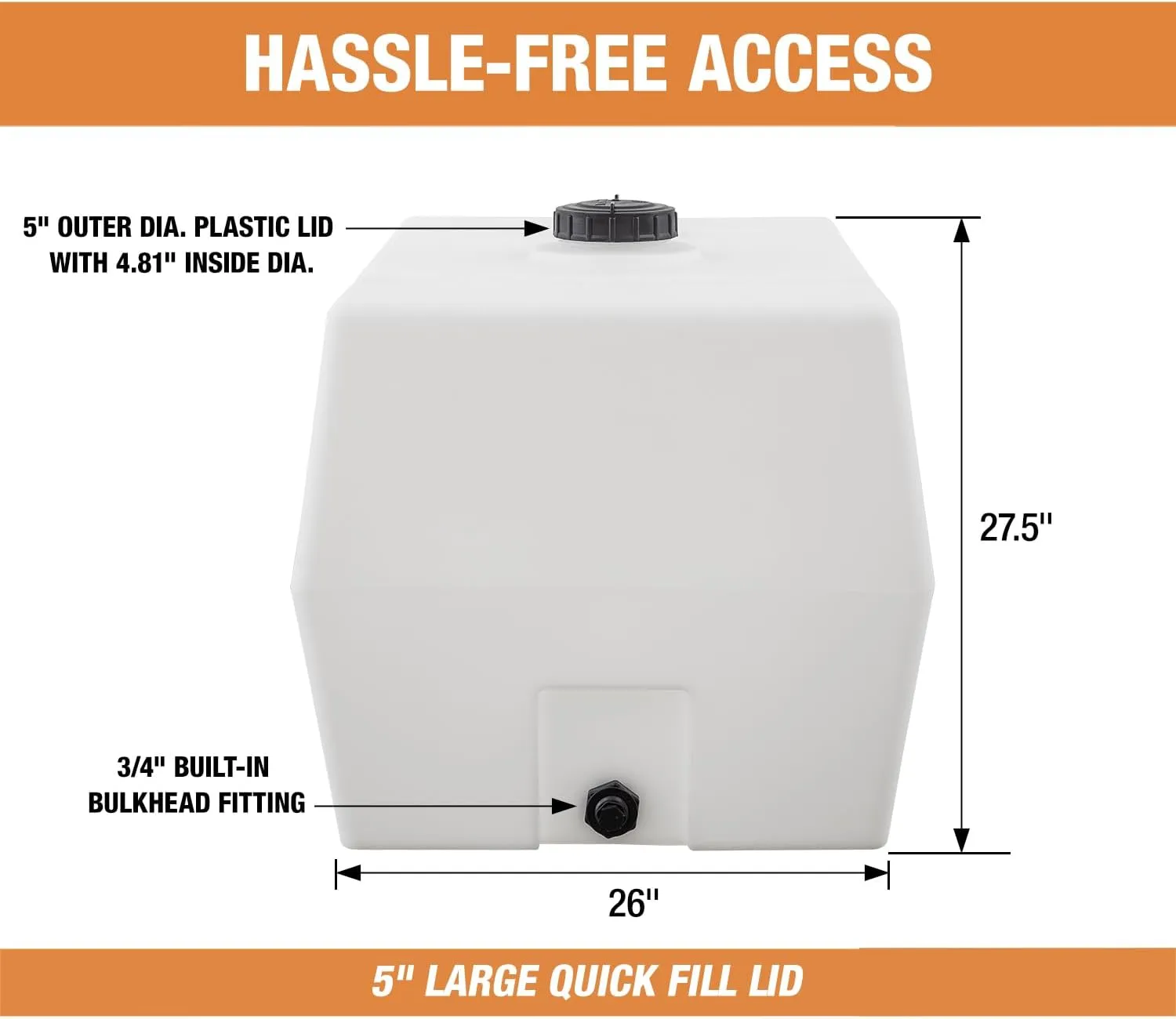 RomoTech 82123929 Horizontal Square Reservoir Water Tank, 100 gallon, Made In The USA, Poly Tank For Water and Non-Flammable Liquids, Rust and Corrosion Proof