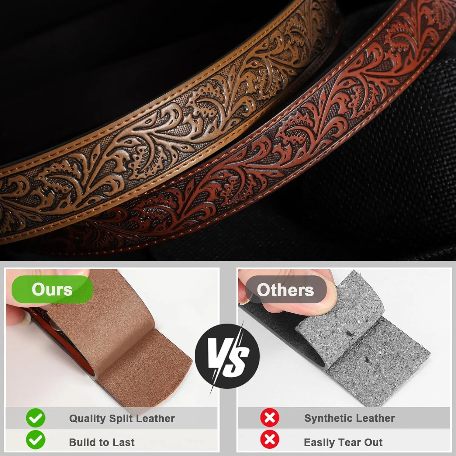 SANSTHS 2 Pack Western Belts for Men without Buckle, Cowboy Belt for Buckle Western Leather Belt Straps for Jeans