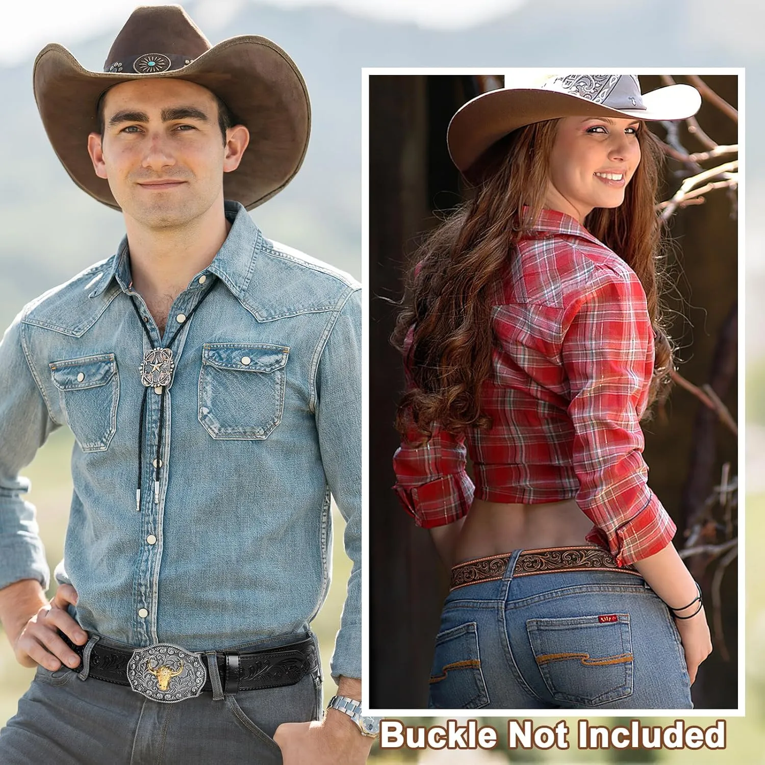 SANSTHS 2 Pack Western Belts for Men without Buckle, Cowboy Belt for Buckle Western Leather Belt Straps for Jeans
