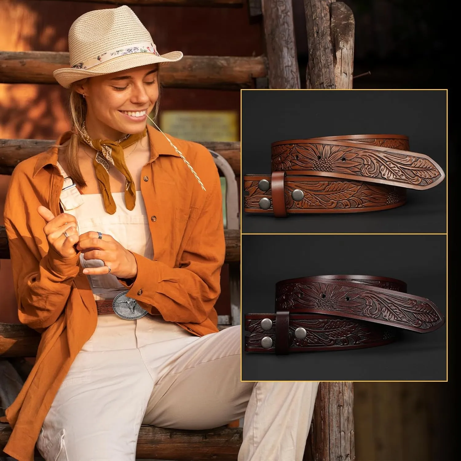 SANSTHS 2 Pack Western Belts for Men without Buckle, Cowboy Belt for Buckle Western Leather Belt Straps for Jeans