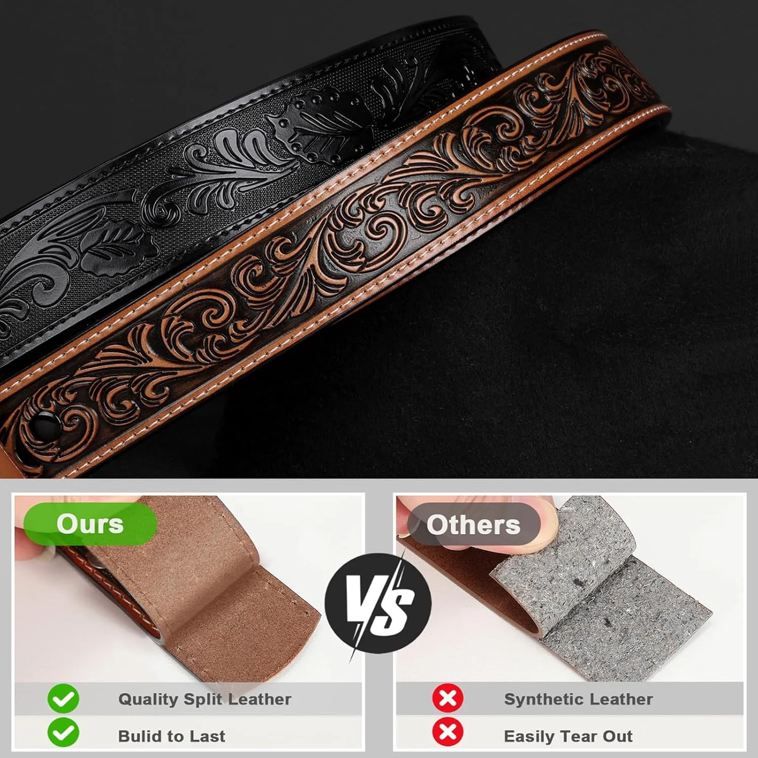 SANSTHS 2 Pack Western Belts for Men without Buckle, Cowboy Belt for Buckle Western Leather Belt Straps for Jeans