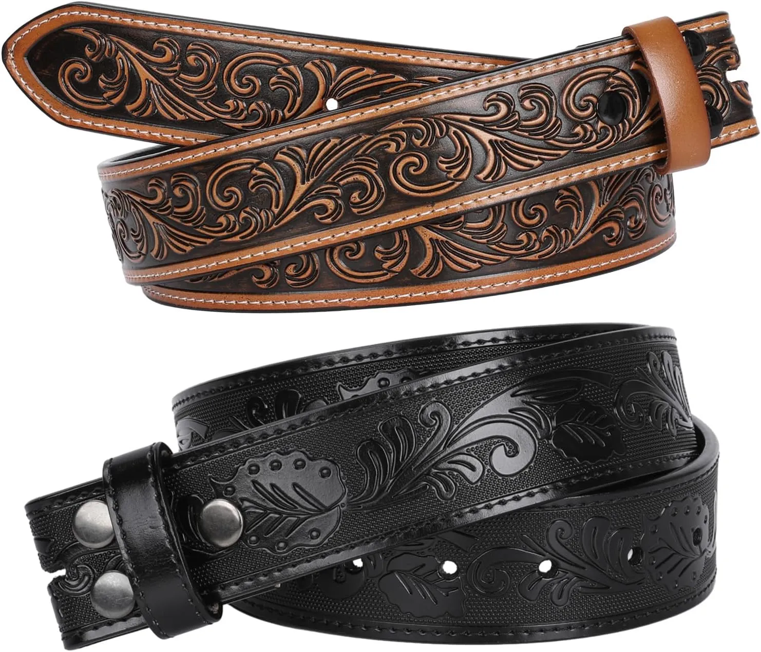 SANSTHS 2 Pack Western Belts for Men without Buckle, Cowboy Belt for Buckle Western Leather Belt Straps for Jeans