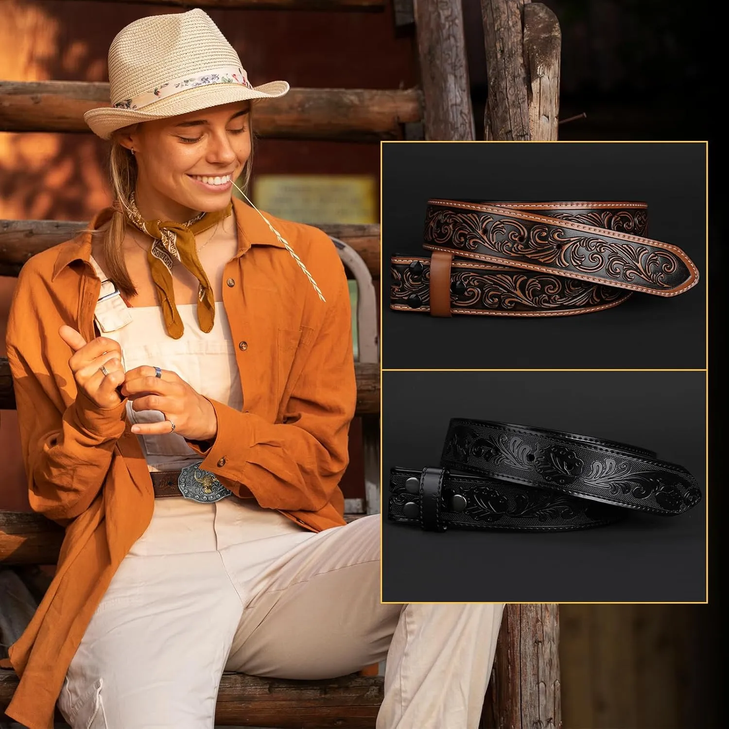 SANSTHS 2 Pack Western Belts for Men without Buckle, Cowboy Belt for Buckle Western Leather Belt Straps for Jeans