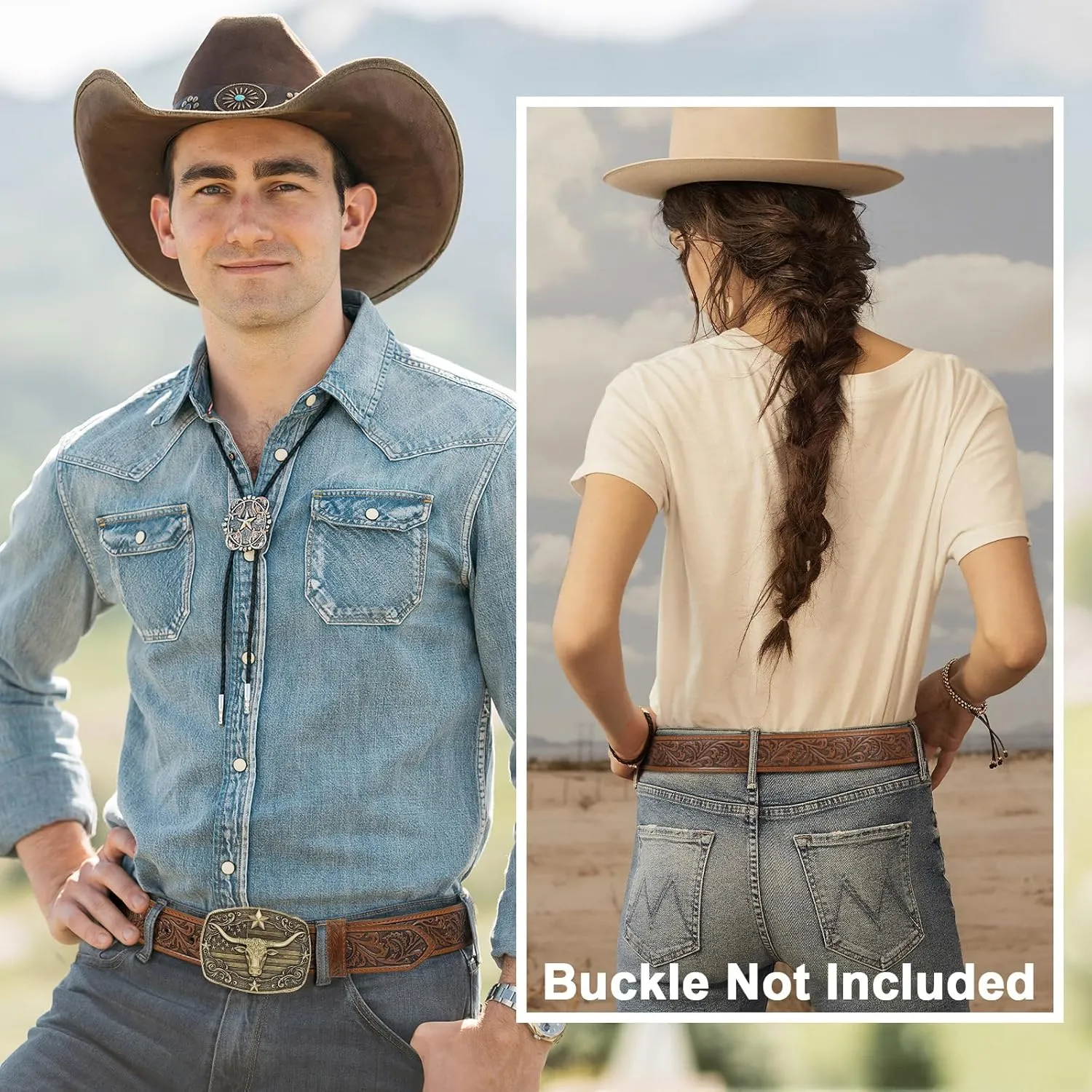 SANSTHS 2 Pack Western Belts for Men without Buckle, Cowboy Belt for Buckle Western Leather Belt Straps for Jeans