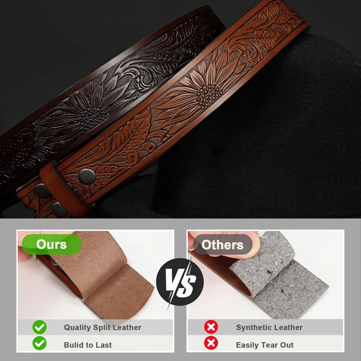 SANSTHS 2 Pack Western Belts for Men without Buckle, Cowboy Belt for Buckle Western Leather Belt Straps for Jeans