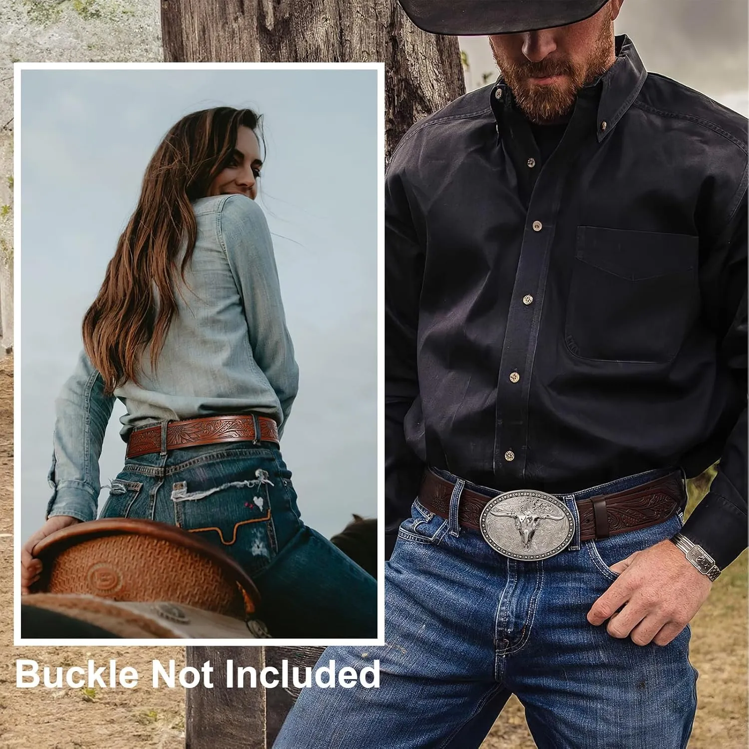 SANSTHS 2 Pack Western Belts for Men without Buckle, Cowboy Belt for Buckle Western Leather Belt Straps for Jeans