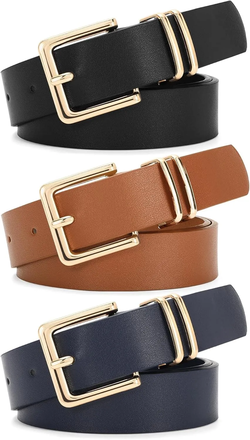 SANSTHS 3 PACK Women Leather Belts for Jeans Pants Dresses Fashion Ladies Waist Belt with Gold Square Buckle