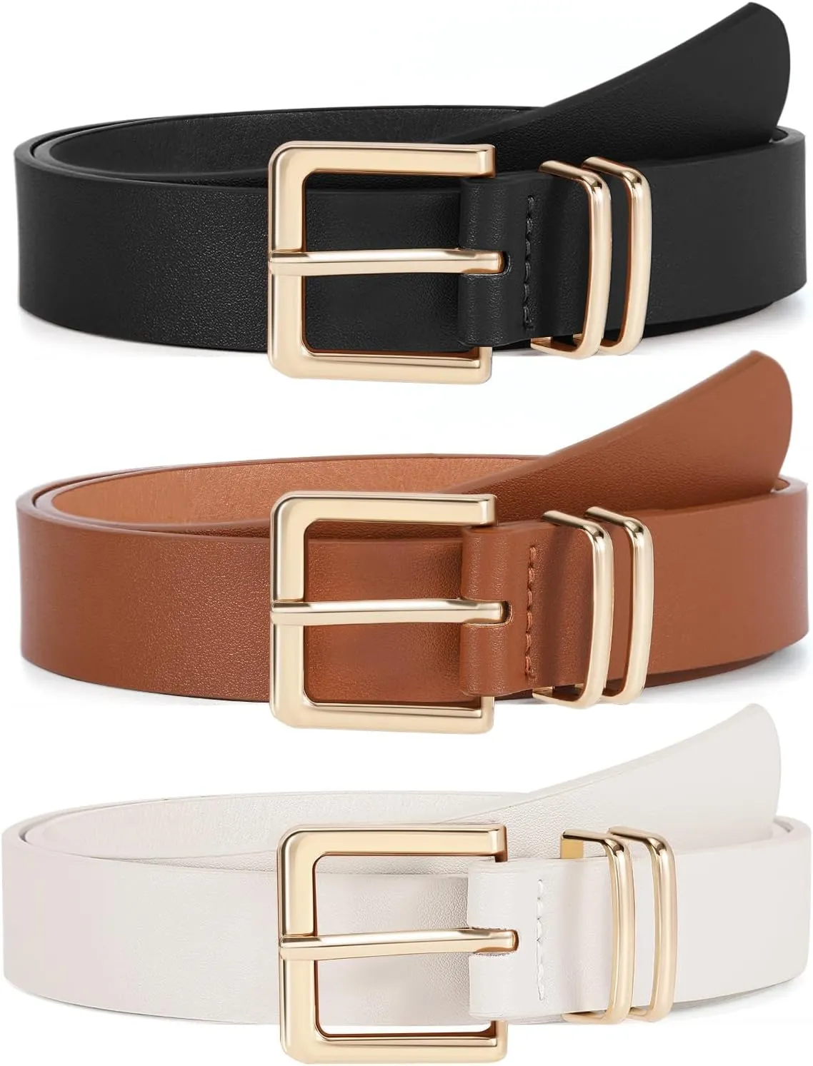 SANSTHS 3 PACK Women Leather Belts for Jeans Pants Dresses Fashion Ladies Waist Belt with Gold Square Buckle