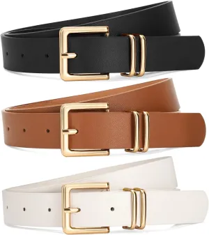SANSTHS 3 PACK Women Leather Belts for Jeans Pants Dresses Fashion Ladies Waist Belt with Gold Square Buckle