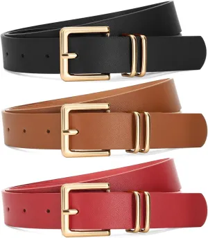 SANSTHS 3 PACK Women Leather Belts for Jeans Pants Dresses Fashion Ladies Waist Belt with Gold Square Buckle