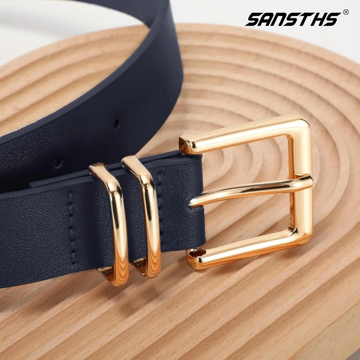 SANSTHS 3 PACK Women Leather Belts for Jeans Pants Dresses Fashion Ladies Waist Belt with Gold Square Buckle