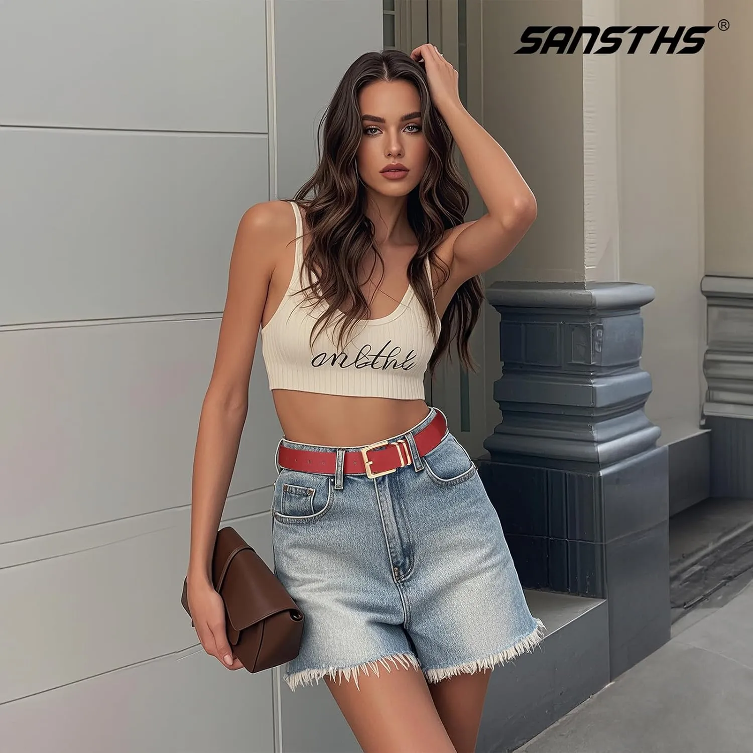 SANSTHS 3 PACK Women Leather Belts for Jeans Pants Dresses Fashion Ladies Waist Belt with Gold Square Buckle
