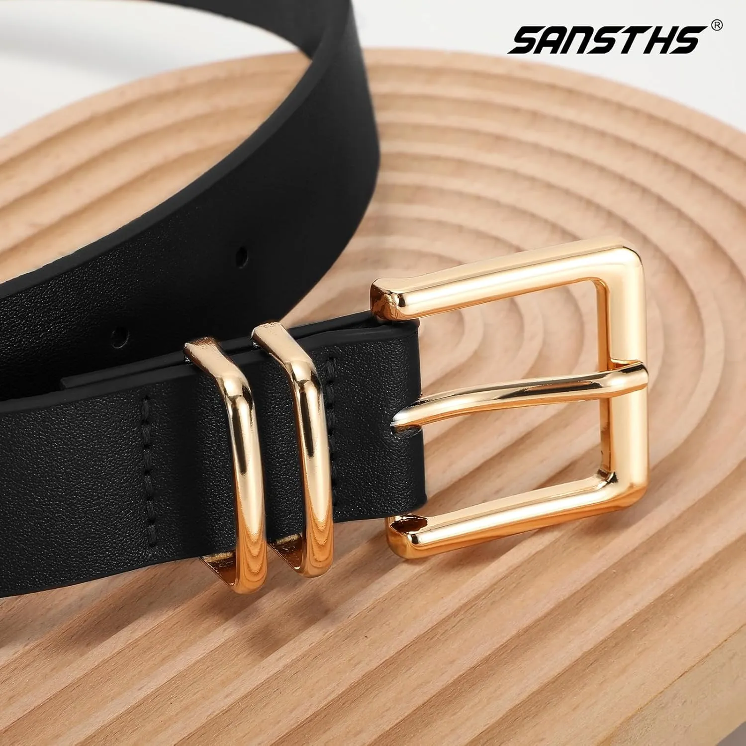 SANSTHS 3 PACK Women Leather Belts for Jeans Pants Dresses Fashion Ladies Waist Belt with Gold Square Buckle