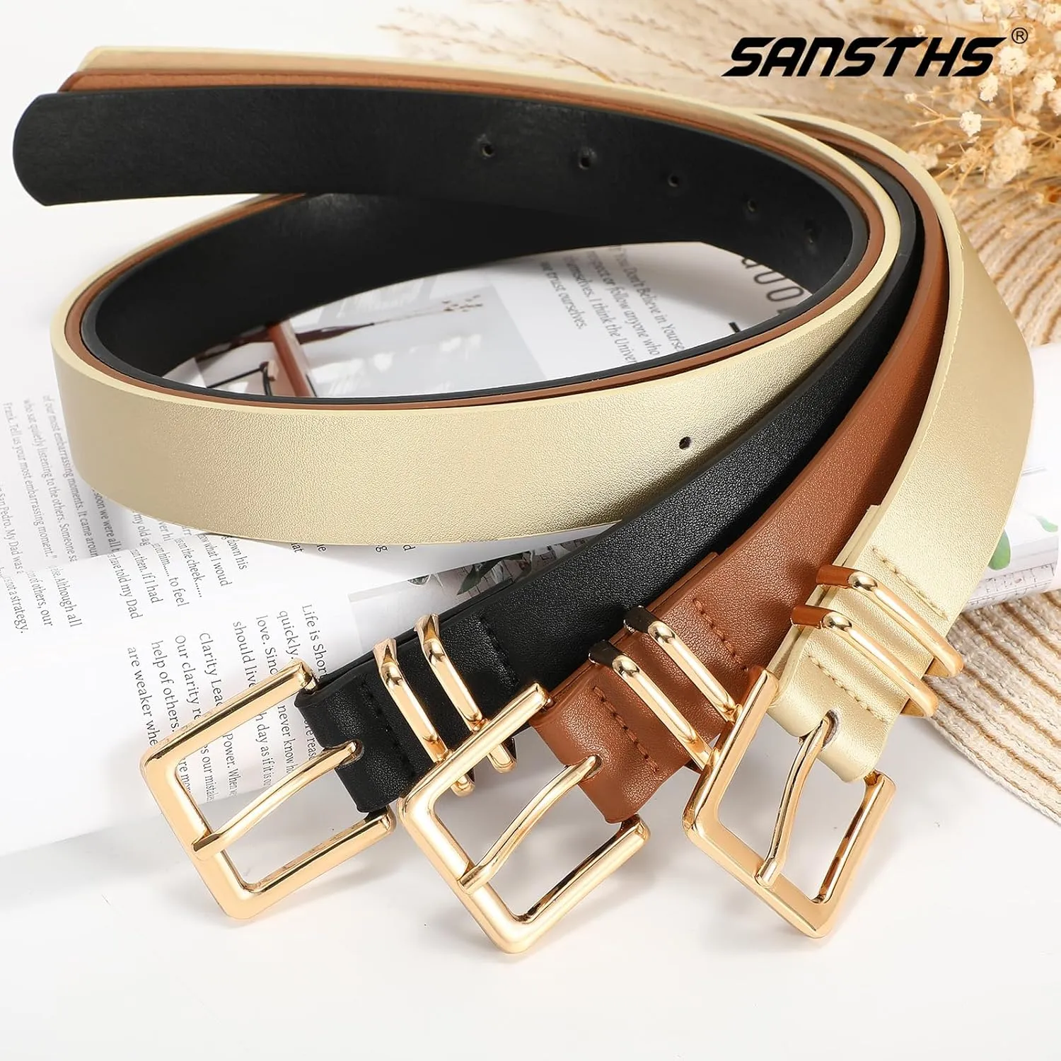 SANSTHS 3 PACK Women Leather Belts for Jeans Pants Dresses Fashion Ladies Waist Belt with Gold Square Buckle