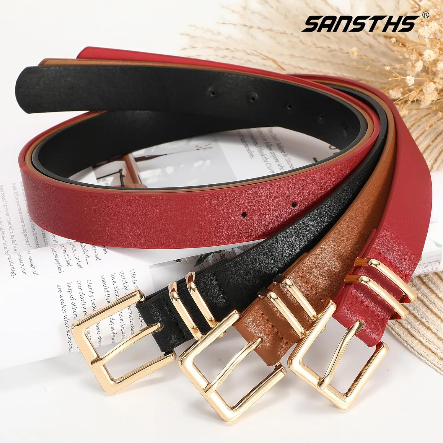 SANSTHS 3 PACK Women Leather Belts for Jeans Pants Dresses Fashion Ladies Waist Belt with Gold Square Buckle