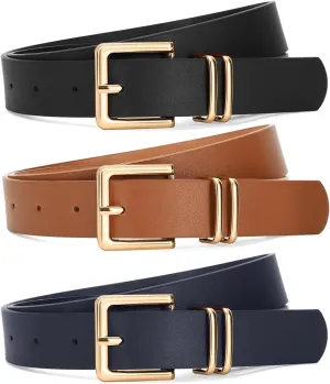 SANSTHS 3 PACK Women Leather Belts for Jeans Pants Dresses Fashion Ladies Waist Belt with Gold Square Buckle