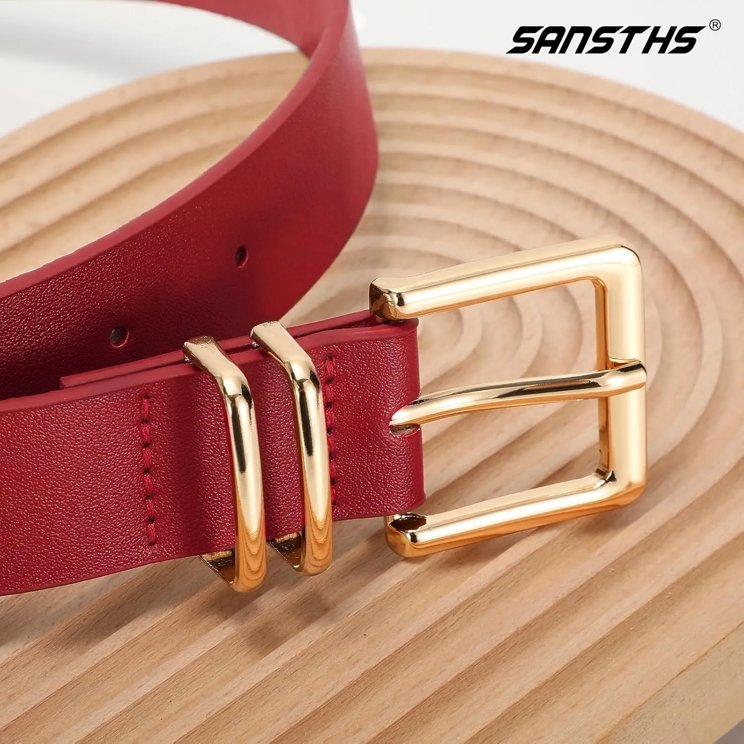 SANSTHS 3 PACK Women Leather Belts for Jeans Pants Dresses Fashion Ladies Waist Belt with Gold Square Buckle