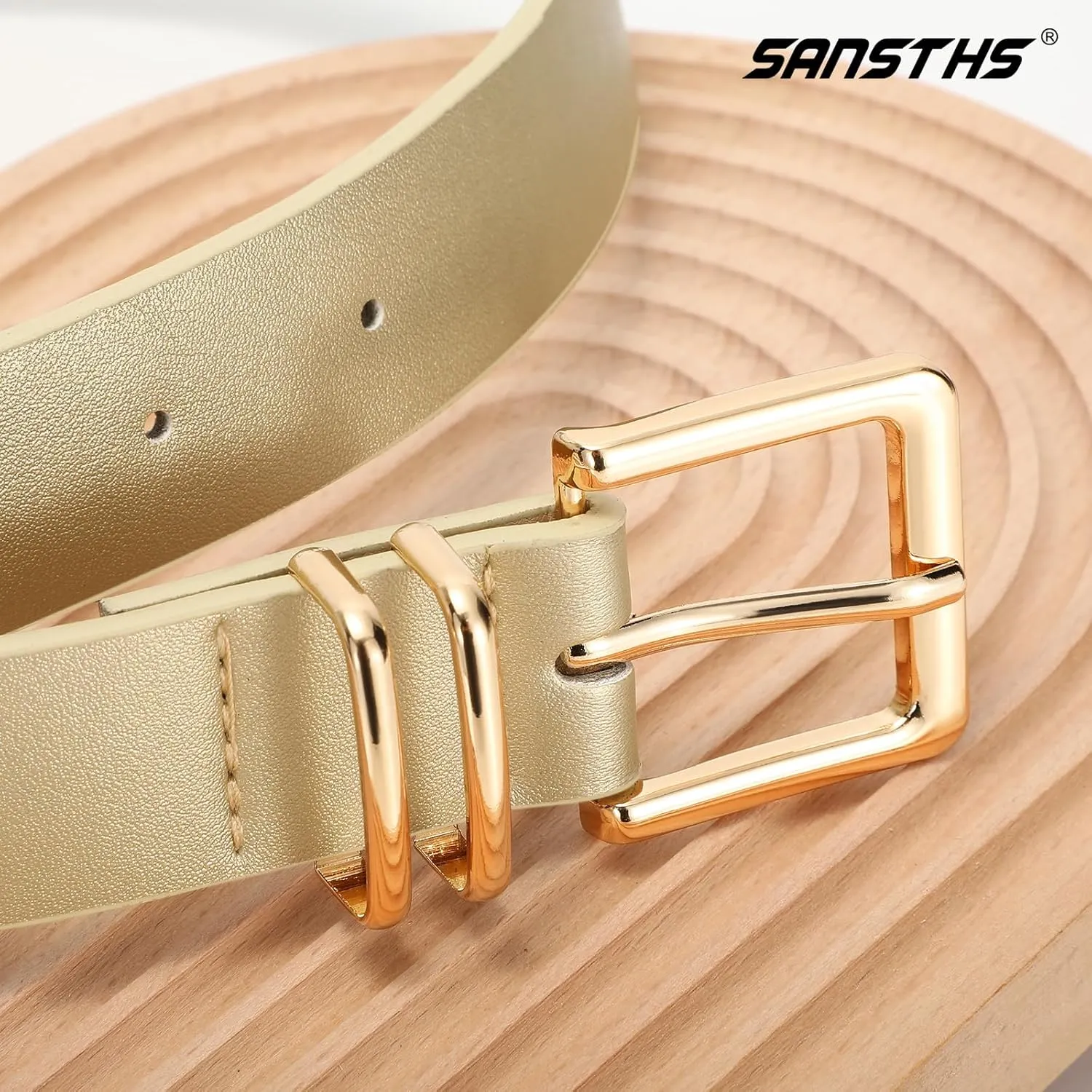 SANSTHS 3 PACK Women Leather Belts for Jeans Pants Dresses Fashion Ladies Waist Belt with Gold Square Buckle