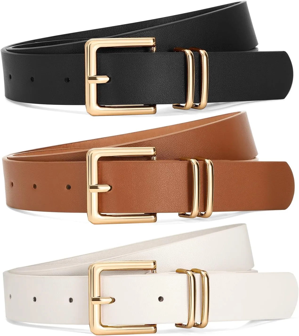 SANSTHS 3 PACK Women Leather Belts for Jeans Pants Dresses Fashion Ladies Waist Belt with Gold Square Buckle