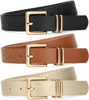 SANSTHS 3 PACK Women Leather Belts for Jeans Pants Dresses Fashion Ladies Waist Belt with Gold Square Buckle