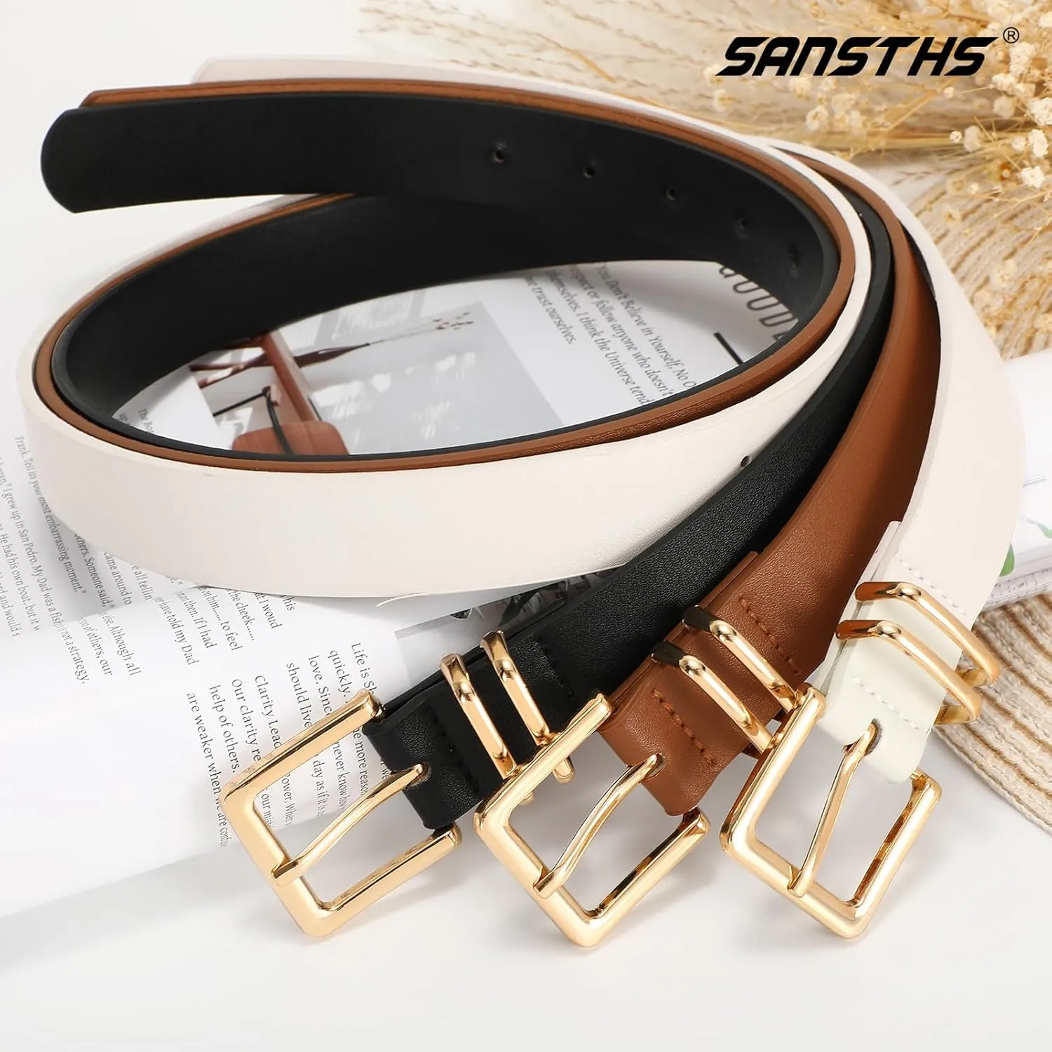 SANSTHS 3 PACK Women Leather Belts for Jeans Pants Dresses Fashion Ladies Waist Belt with Gold Square Buckle