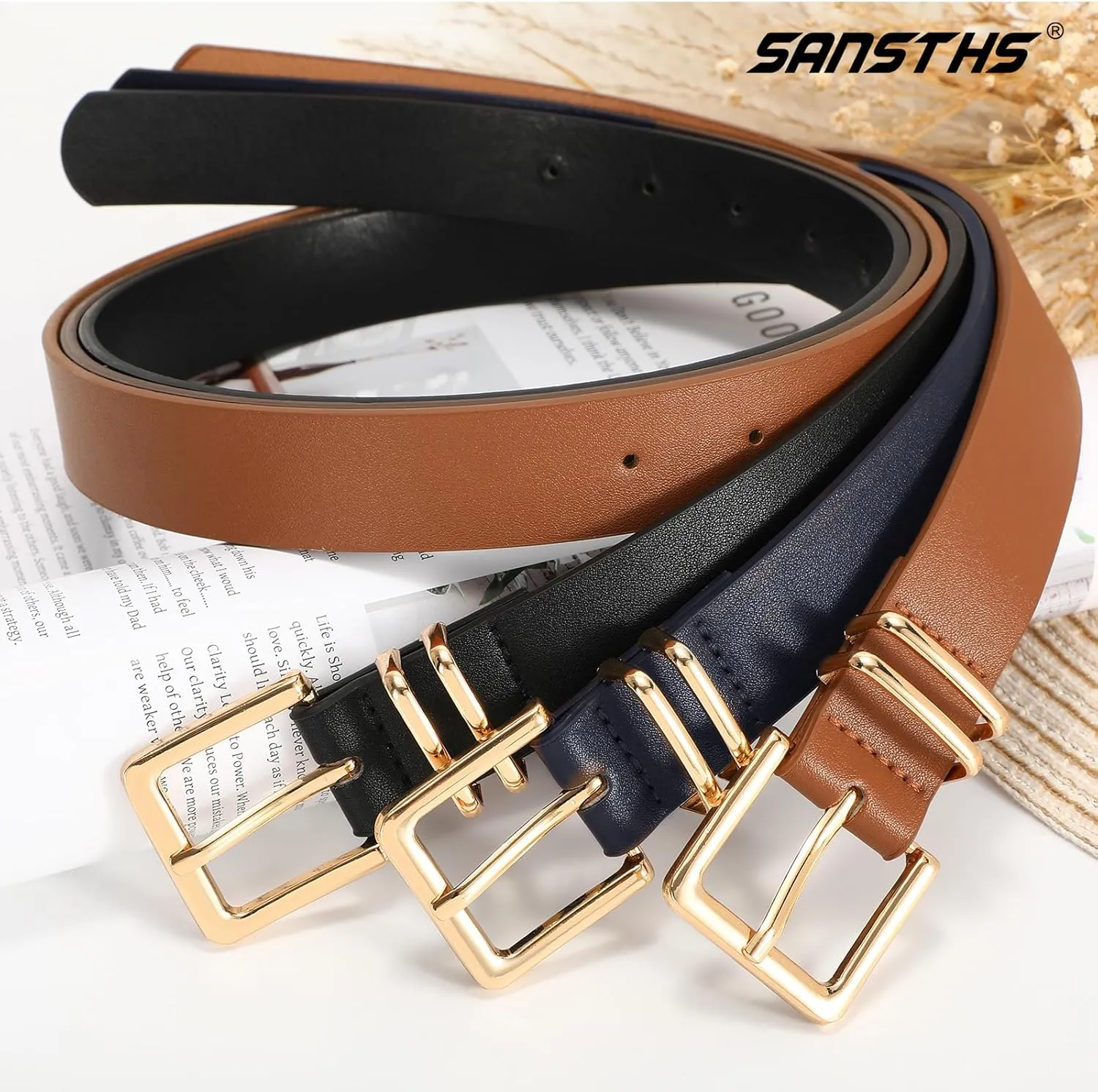 SANSTHS 3 PACK Women Leather Belts for Jeans Pants Dresses Fashion Ladies Waist Belt with Gold Square Buckle