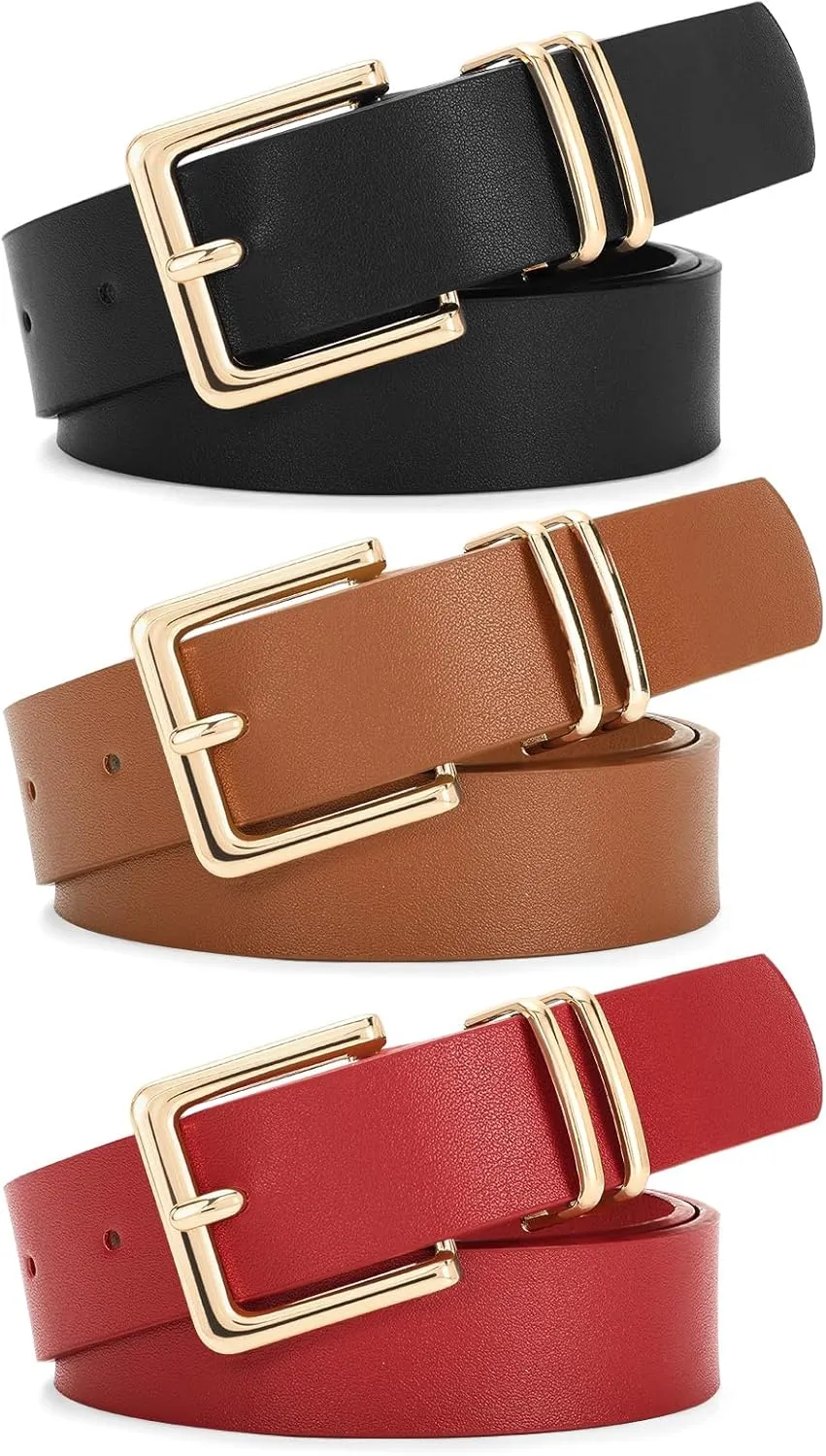 SANSTHS 3 PACK Women Leather Belts for Jeans Pants Dresses Fashion Ladies Waist Belt with Gold Square Buckle