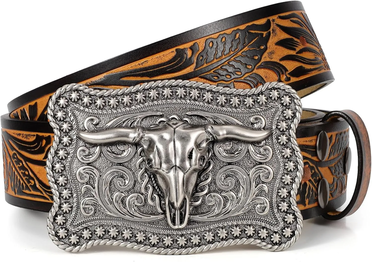 SANSTHS Cowboy Belts for Men Women, Western Leather Belt with Big Buckles Mexican Country Black Longhorn Bull Belt for Jeans