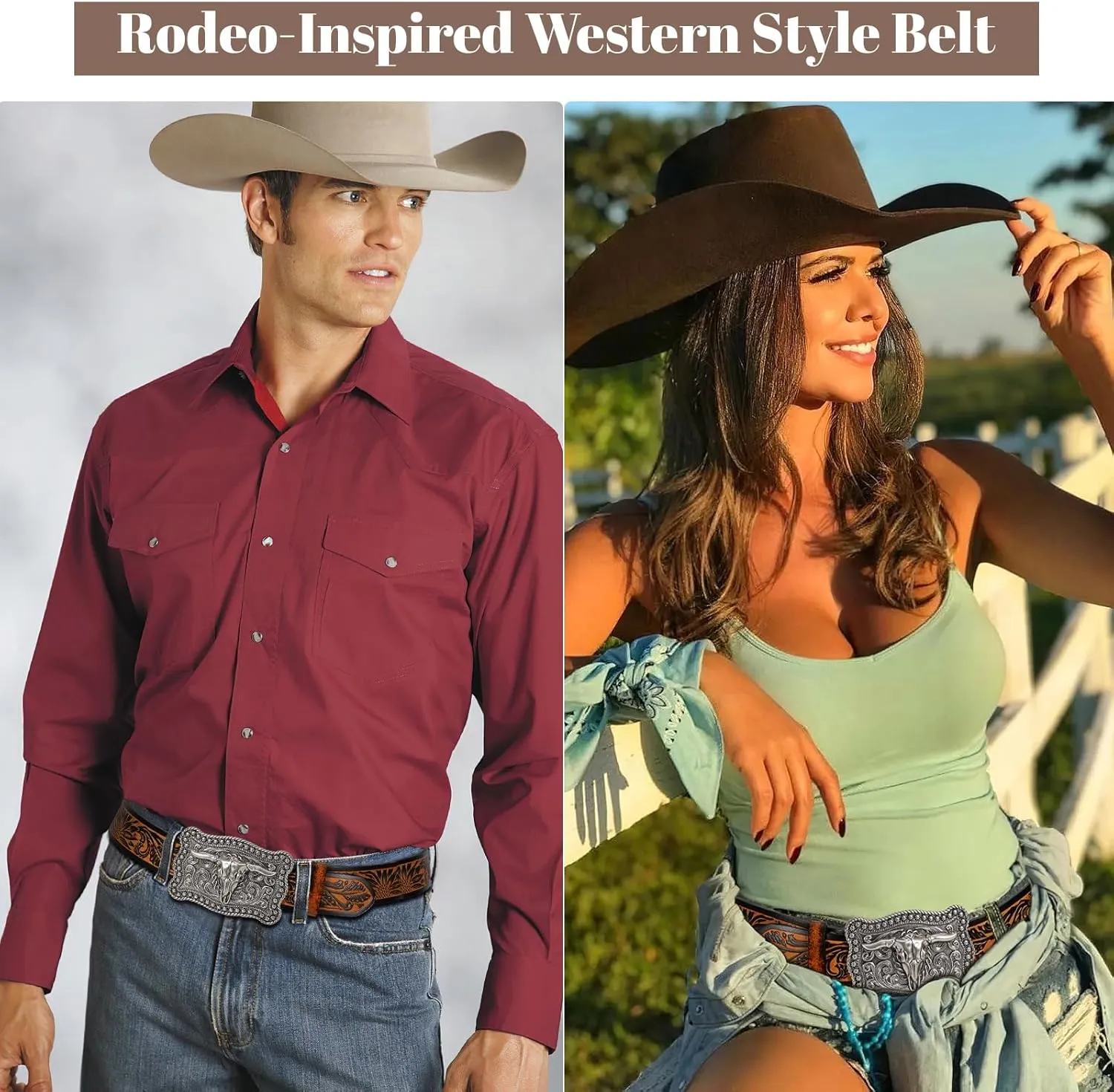 SANSTHS Cowboy Belts for Men Women, Western Leather Belt with Big Buckles Mexican Country Black Longhorn Bull Belt for Jeans
