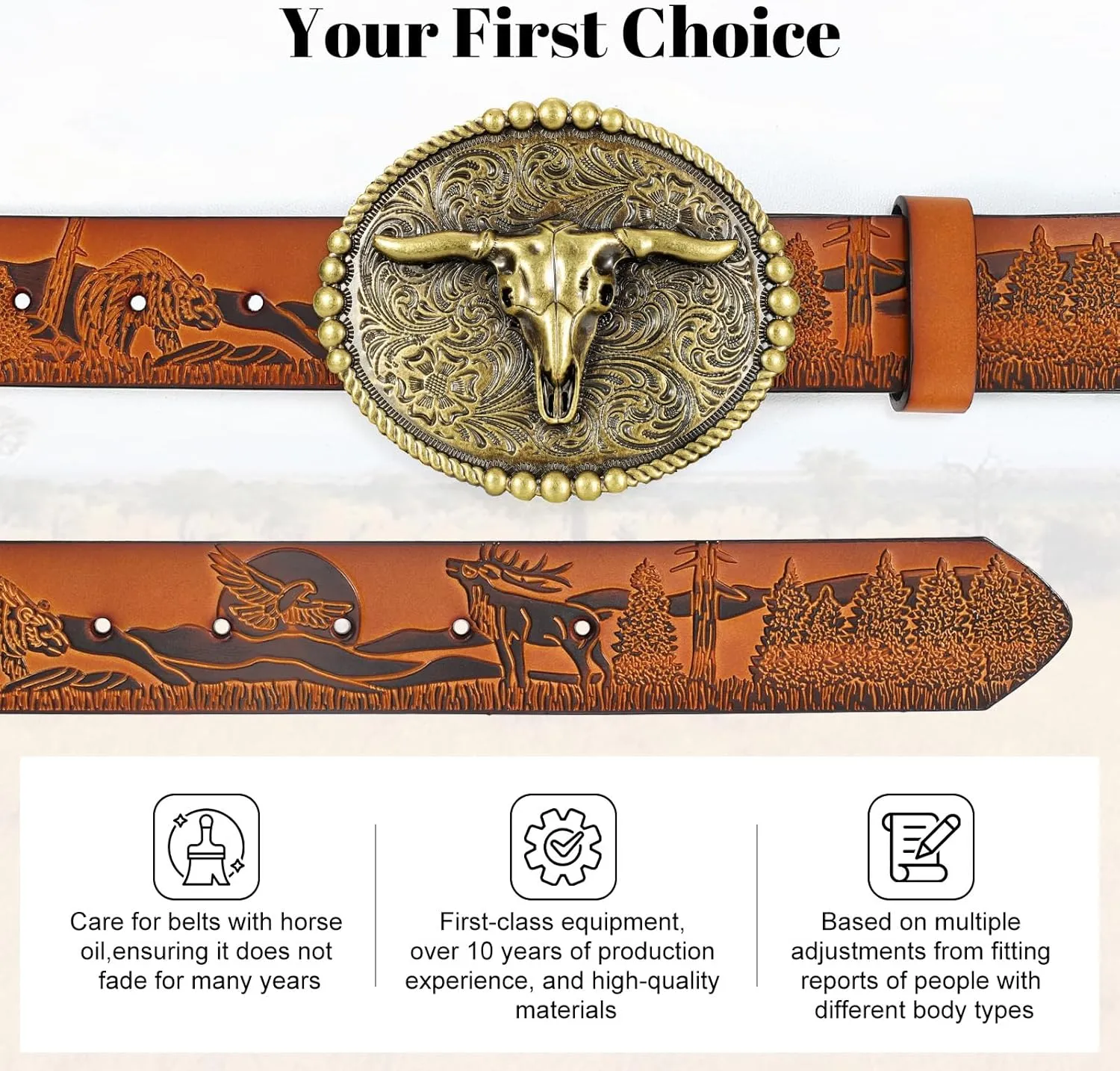 SANSTHS Cowboy Belts for Men Women, Western Leather Belt with Big Buckles Mexican Country Black Longhorn Bull Belt for Jeans