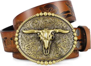 SANSTHS Cowboy Belts for Men Women, Western Leather Belt with Big Buckles Mexican Country Black Longhorn Bull Belt for Jeans