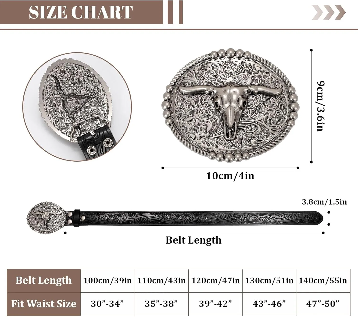 SANSTHS Cowboy Belts for Men Women, Western Leather Belt with Big Buckles Mexican Country Black Longhorn Bull Belt for Jeans