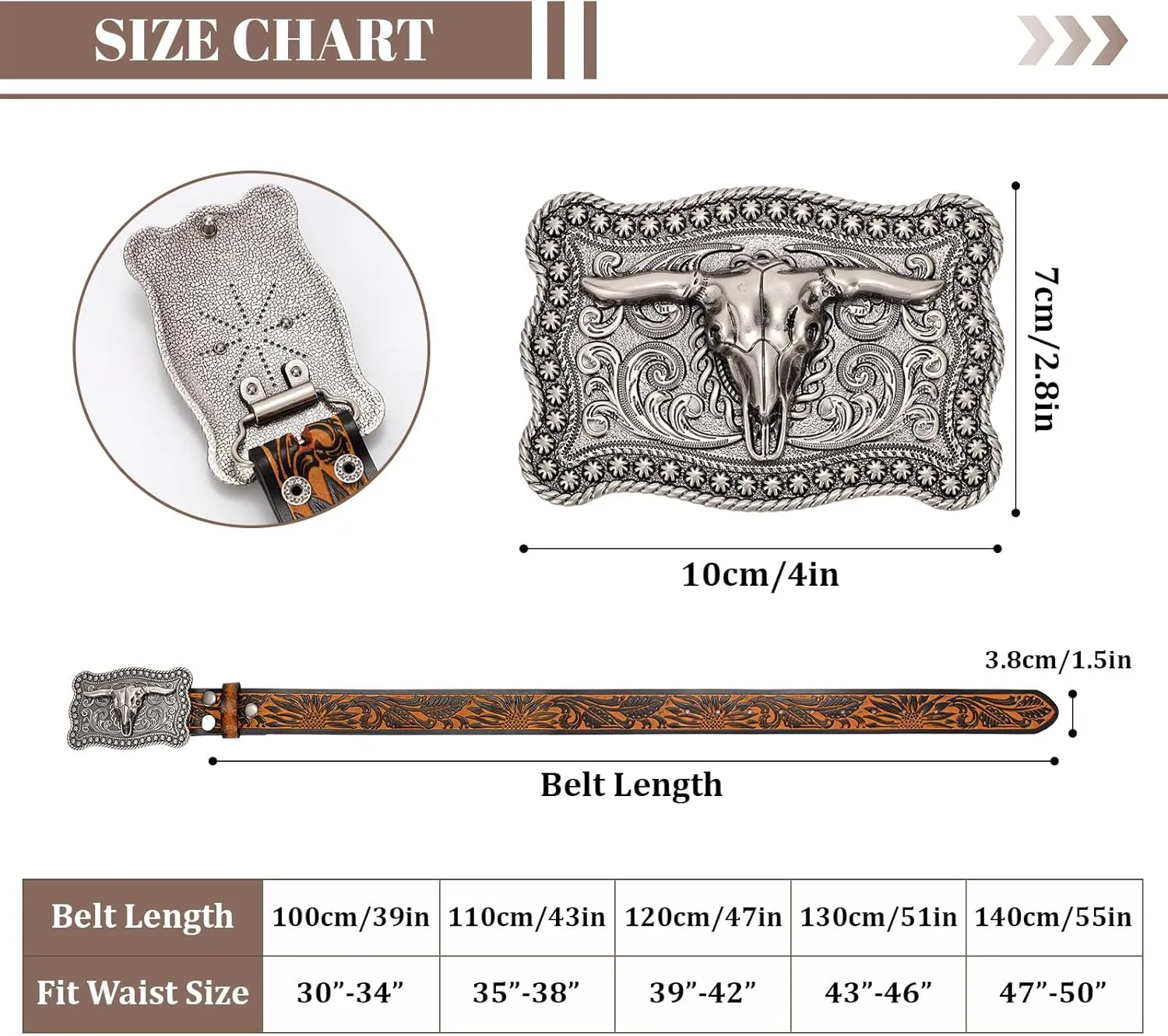 SANSTHS Cowboy Belts for Men Women, Western Leather Belt with Big Buckles Mexican Country Black Longhorn Bull Belt for Jeans