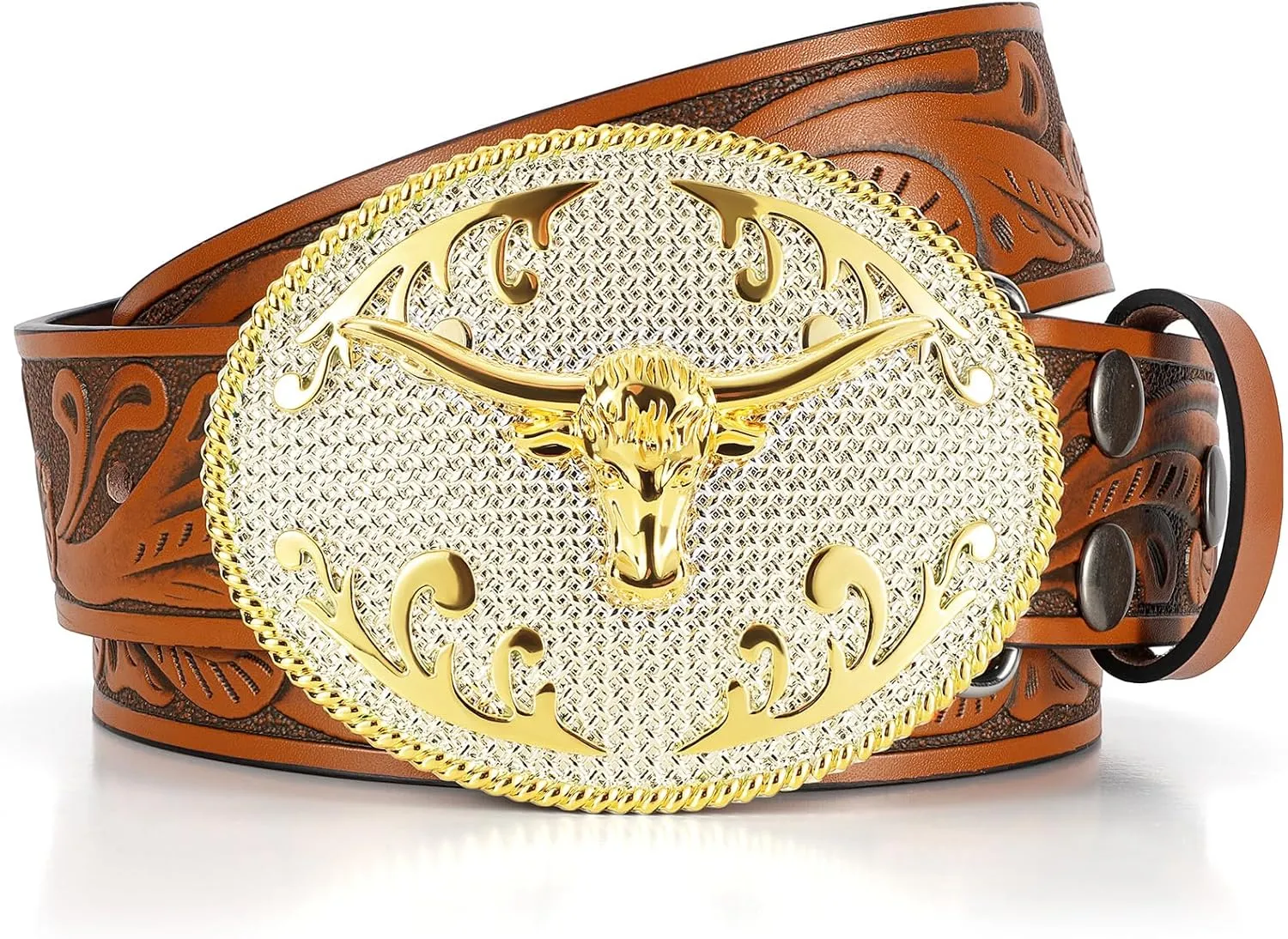 SANSTHS Cowboy Belts for Men Women, Western Leather Belt with Big Buckles Mexican Country Black Longhorn Bull Belt for Jeans