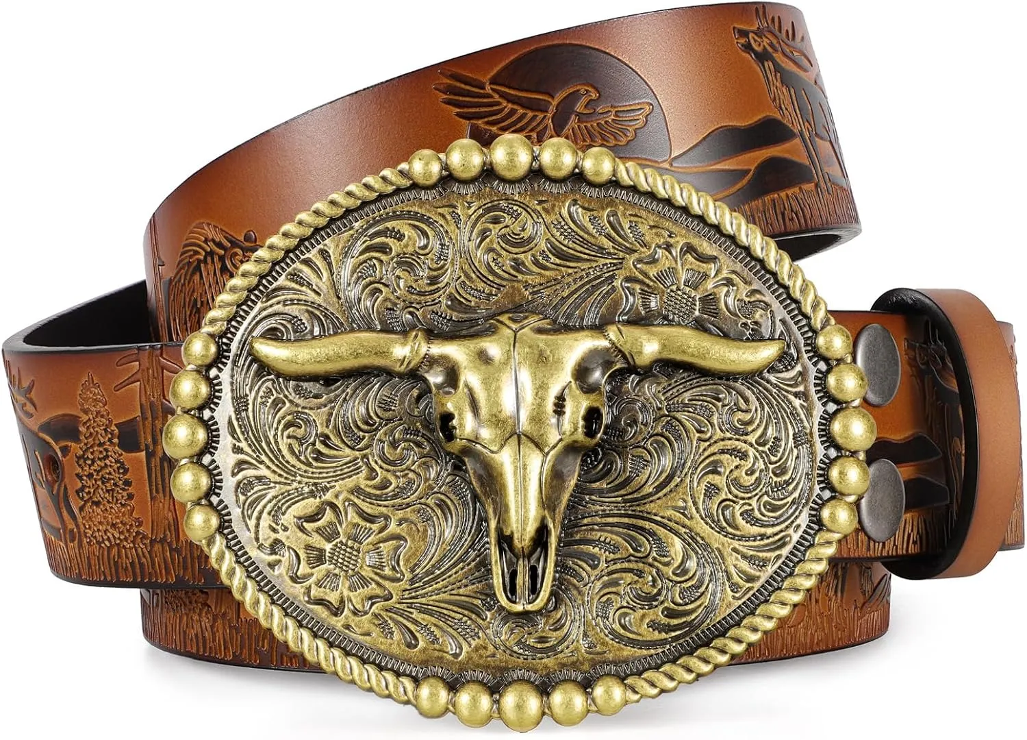 SANSTHS Cowboy Belts for Men Women, Western Leather Belt with Big Buckles Mexican Country Black Longhorn Bull Belt for Jeans