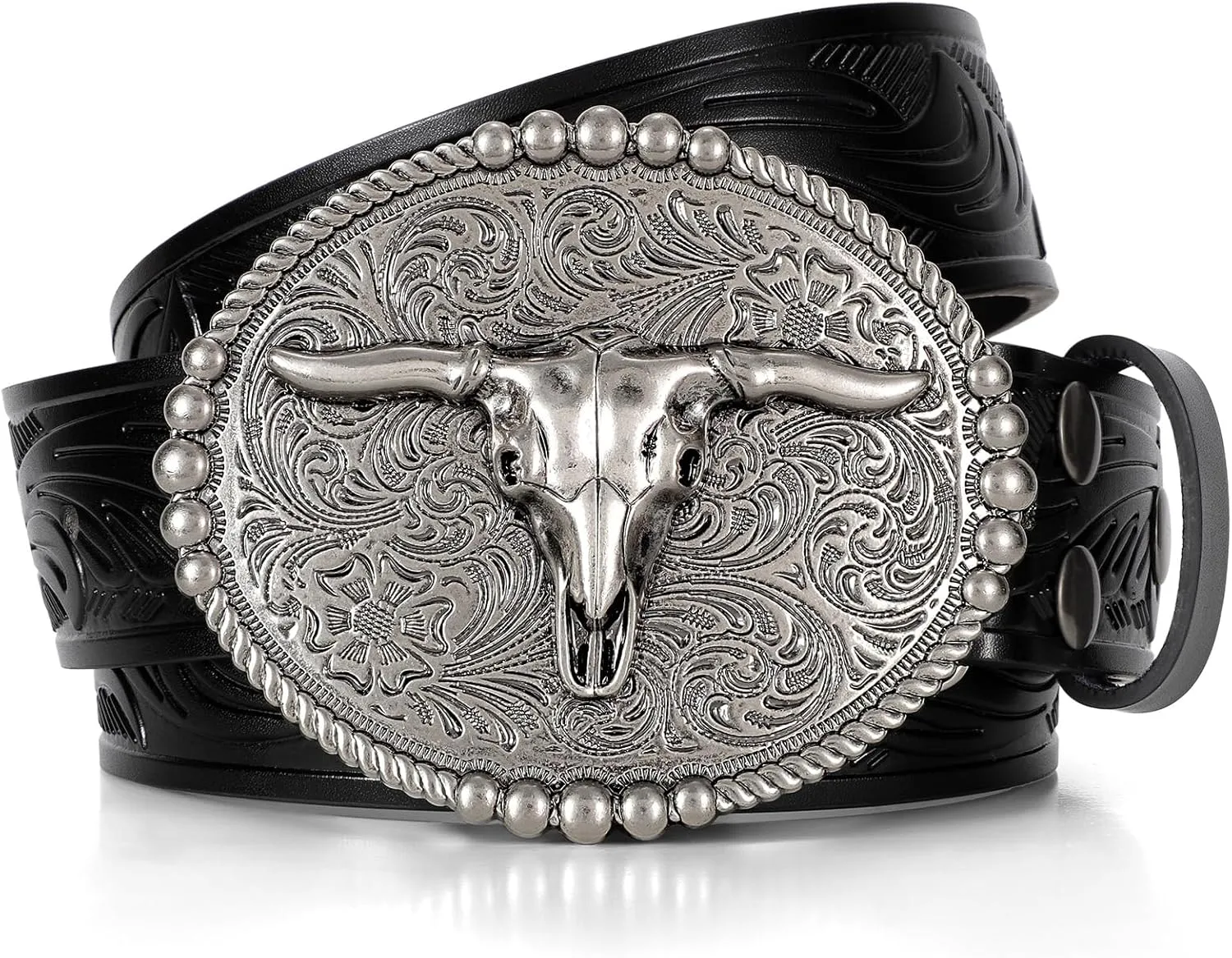 SANSTHS Cowboy Belts for Men Women, Western Leather Belt with Big Buckles Mexican Country Black Longhorn Bull Belt for Jeans